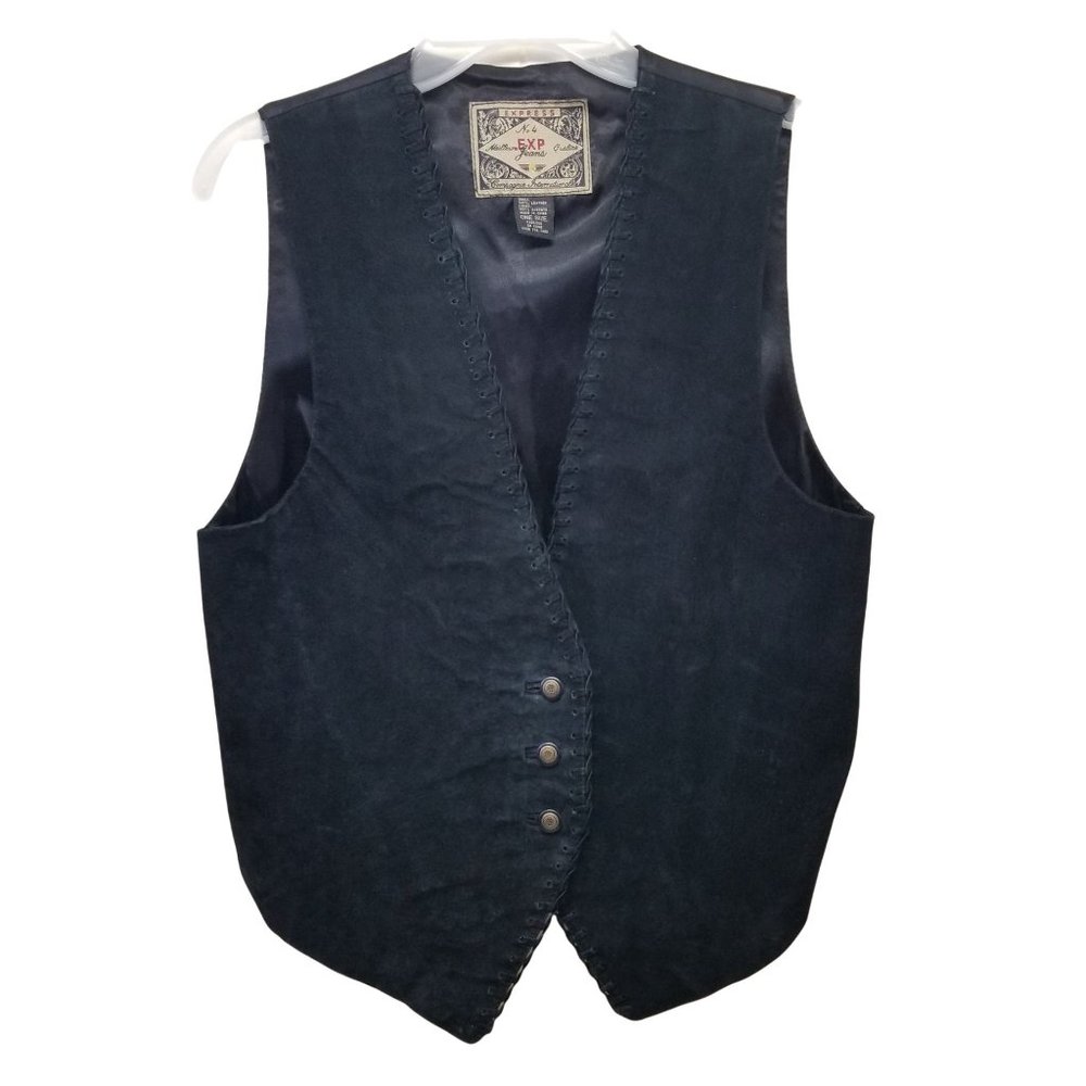 Express‎ OS Vntage 90s Black Leather Vest Braided Trim Academia Preppy Formal